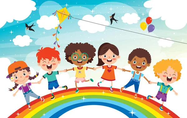 Multi Etnische Kinderen Spelen Regenboog — Stockvector