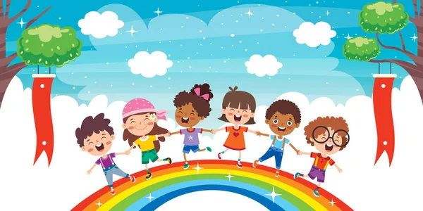 虹で遊ぶ多民族の子供たち — ストックベクタ