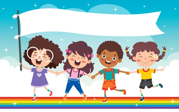 Multiethnische Kinder Spielen Auf Regenbogen — Stockvektor