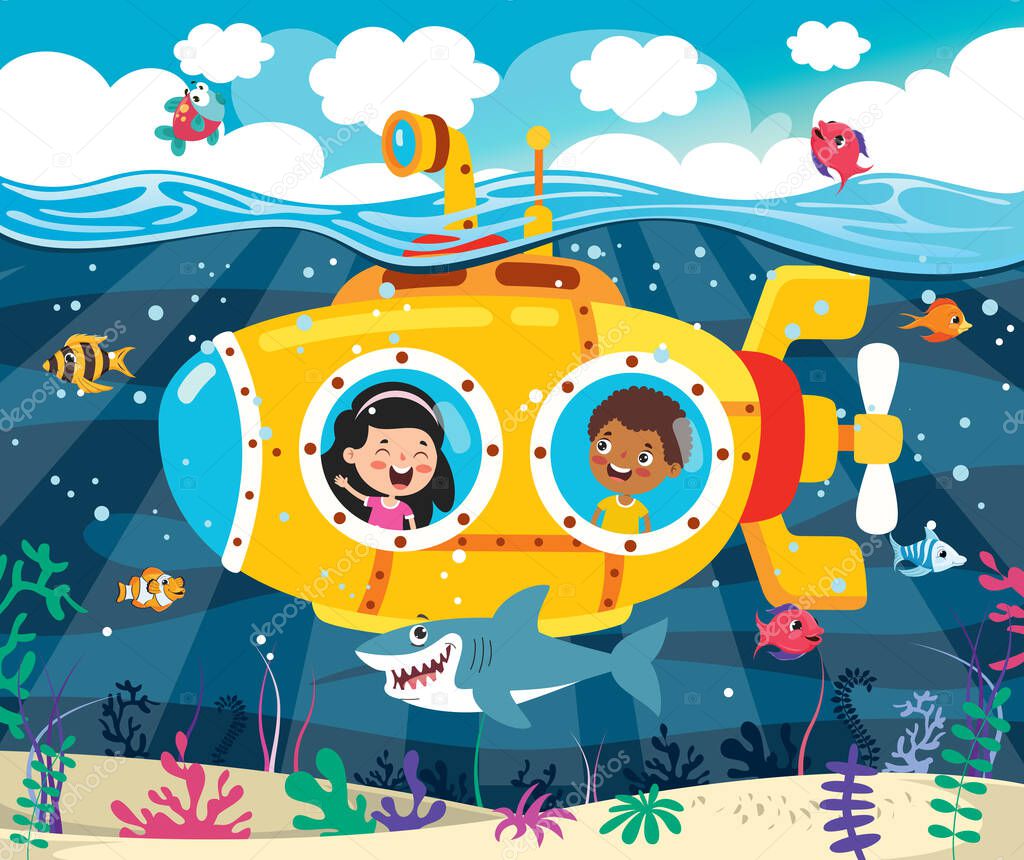 Cartoon Submarine Under The Sea