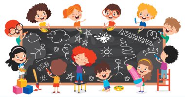 Funny Children With Empty Blackboard clipart