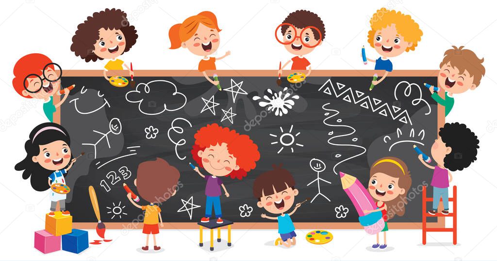 Funny Children With Empty Blackboard