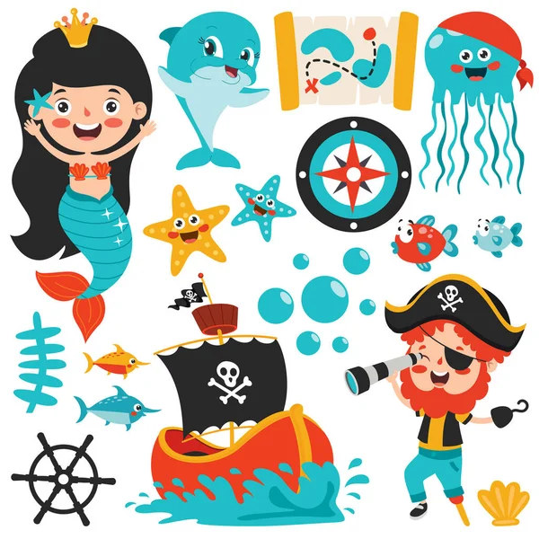 Set Cartoon Sea Elements — Stock Vector