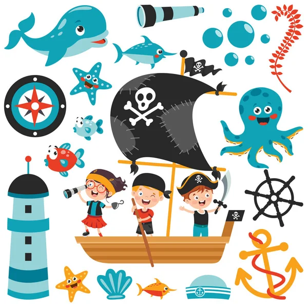 Set Cartoon Sea Elements — Stock Vector