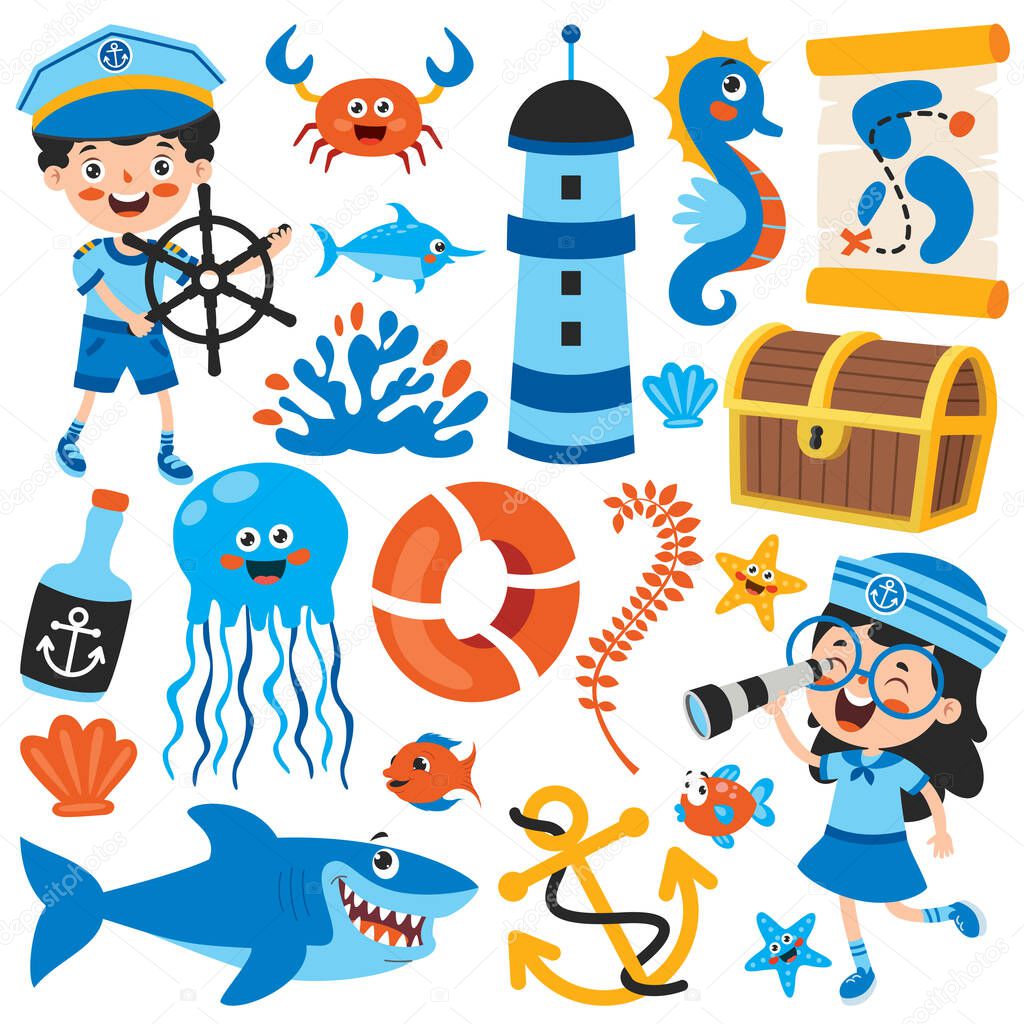Set Of Cartoon Sea Elements