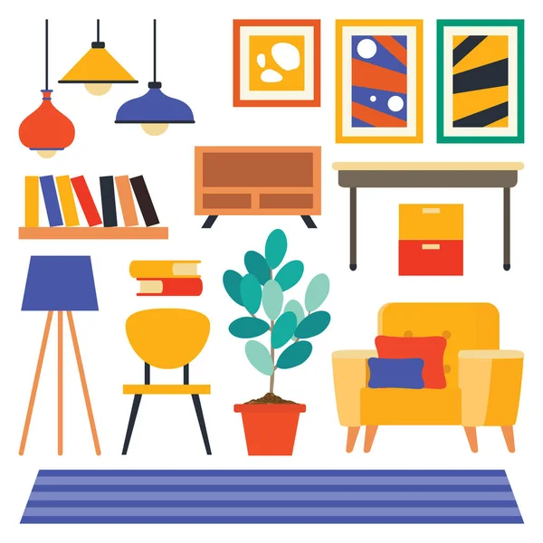 Concepto Diseño Interiores Con Muebles Planos — Vector de stock