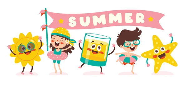 Flat Summer Banner Cartoon Character — Stock Vector