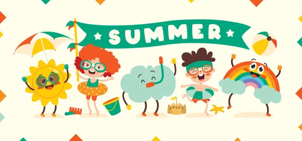 Vlakke Zomer Banner Met Stripfiguur — Stockvector