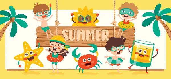 Flat Summer Banner Cartoon Character — Stock Vector