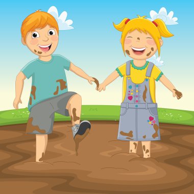 çamur içinde oynayan çocuklar vektör çizim
