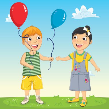 küçük bir çocuk balon arkadaşına veren vektör çizim