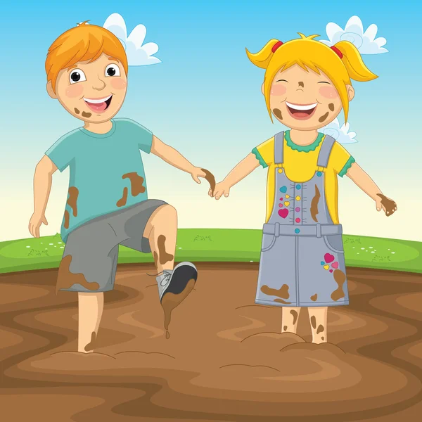 Vector Illustration Of Kids Playing in Mud — Stock Vector