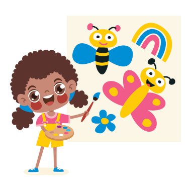 Çizgi filmdeki çocuklar duvara resim çiziyor.