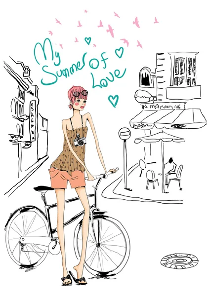 大街上的自行车的女孩 — 图库矢量图片