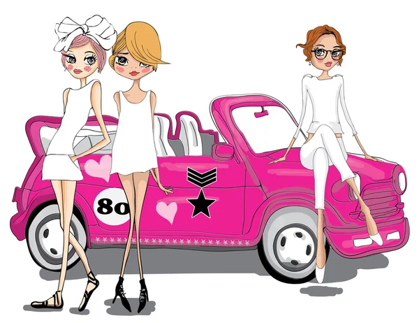 Chicas con coche rosa — Vector de stock