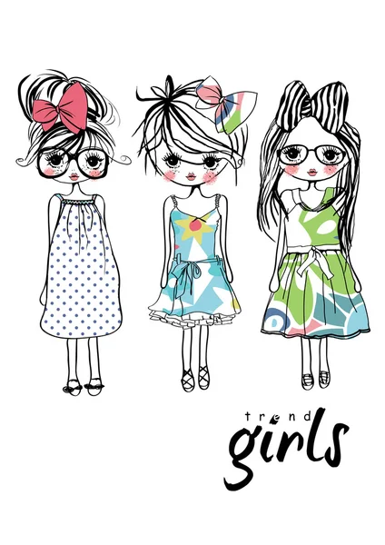 Girls set in cute dresses — Stock Vector