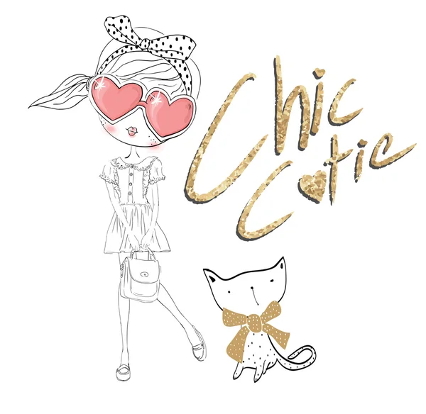 Linda chica con gato — Vector de stock