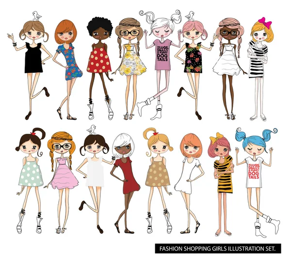 Chicas de moda con aves — Vector de stock