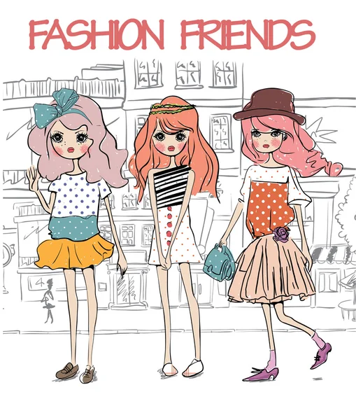 Beautiful fashion girls on street — Stock Vector