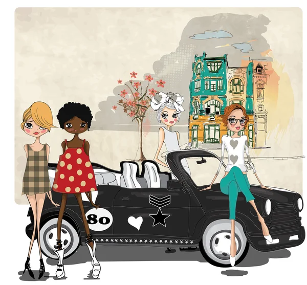 Chicas con coche en la ciudad — Vector de stock