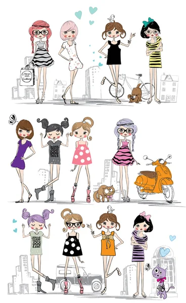 Fashion girls on city street — Stock Vector