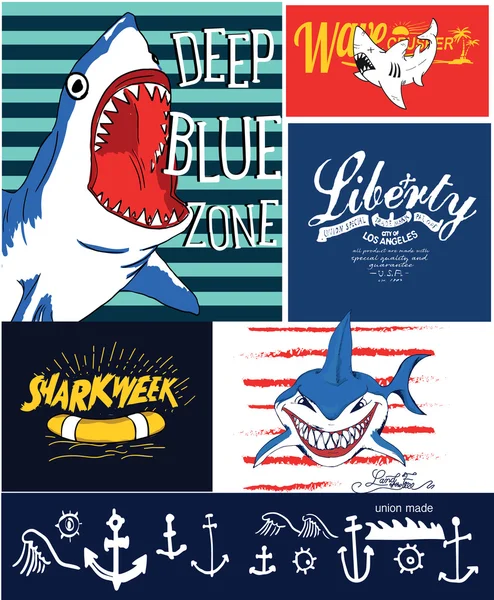 Emblemas com tubarões perigosos — Vetor de Stock