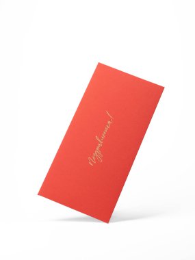 Beyaz arkaplanlı turuncu zarf. Üzerinde yazı var. Tebrikler.