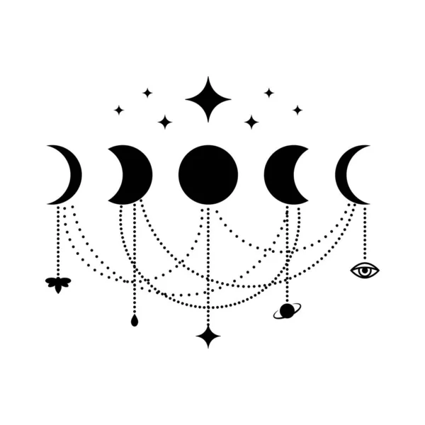 Fasi dello stile boho luna con stelle e ciondoli. Alchimia sacra geometria esoterica. Illustrazione vettoriale monocromatica isolata su sfondo bianco — Vettoriale Stock