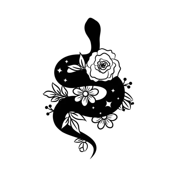 Disegnato a mano boho serpente scarabocchio, schizzo stregoneria simbolo. Tatuaggio simbolo mistero floreale — Vettoriale Stock