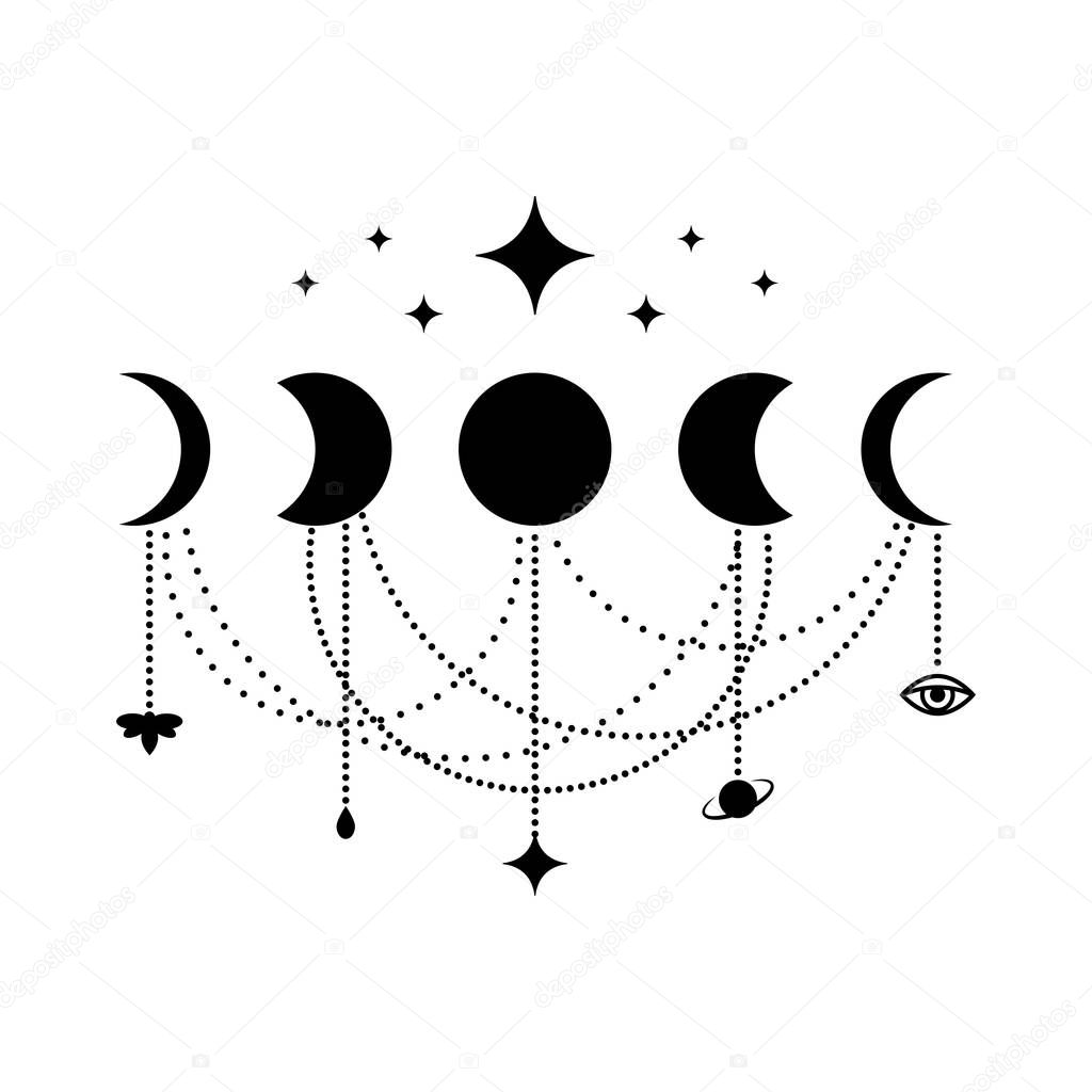 Phases of the moon boho style with stars and pendants. Sacred geometry alchemy esoteric. Monochrome Vector Illustration isolated on a white background
