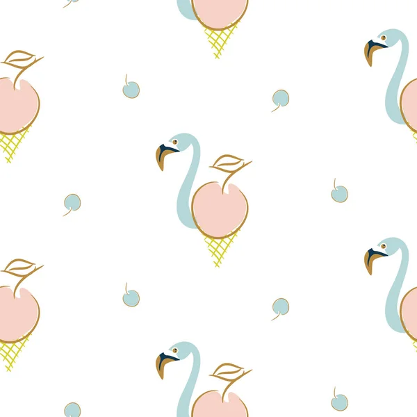 Seamless flamingo icecream cherry bird pattern. Summer baby background — Stock Vector