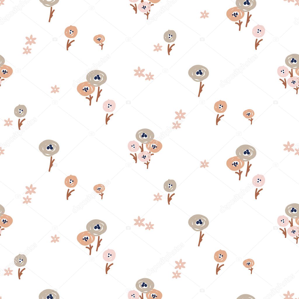 Pale vector seamless vintage floral pattern. Rustic flowers white background.