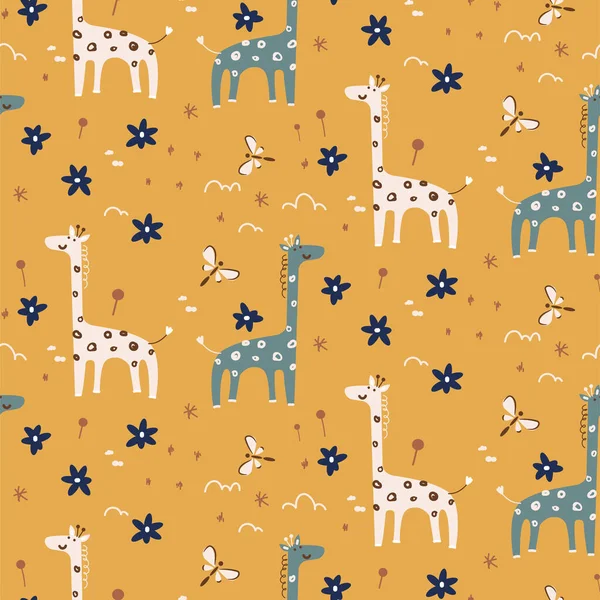 Niedliche Baby-Giraffe mit Schmetterlingsvektor nahtlosen Muster. Handgezeichnetes Kinderzimmer Dekor Animal Print. — Stockvektor