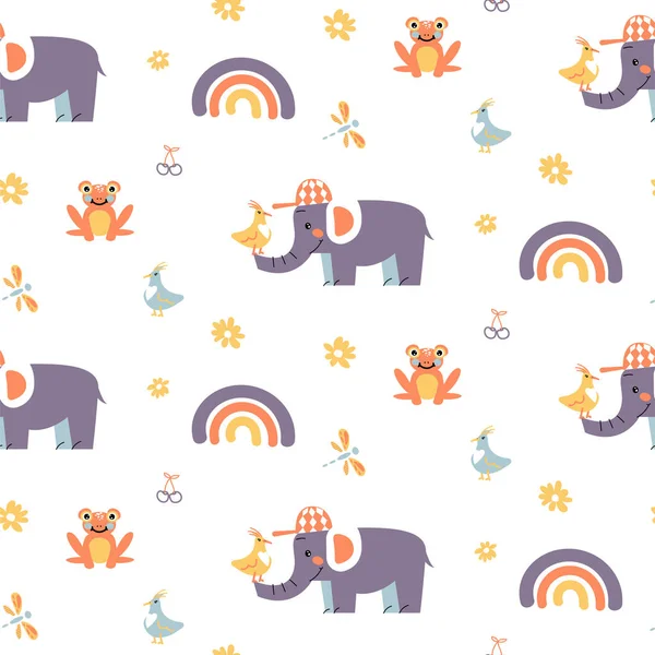 Cute baby elephant with frog vector seamless pattern. Hand drawn nursery decor animal print. — Stock Vector