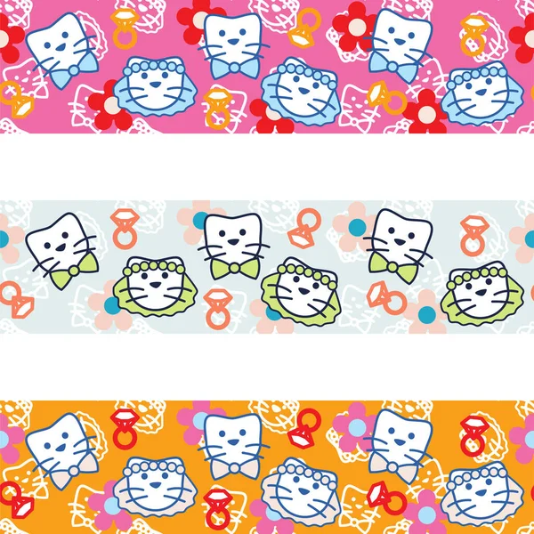 Roztomilý kawaii kočka svatební tisk bezproblémové vektorové hranice vzor. Kitty lover washi maskování páska japonský styl kreslený design. — Stockový vektor