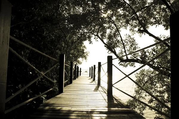 Stock Photo Puente de madera en el bosque. Vintage filtro sombra oscura —  Fotos de Stock