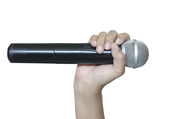 Foto stock Mão feminina com microfone, no fundo branco . — Fotografia de Stock