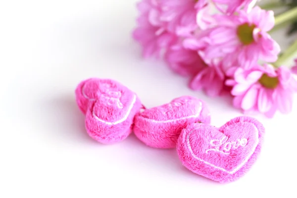 Valentine heart fabric with pink chrysanthemum- Stock Image — Stock Photo, Image