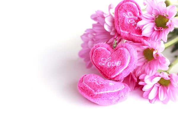 Valentine heart fabric with pink chrysanthemum- Stock Image — Stock Photo, Image