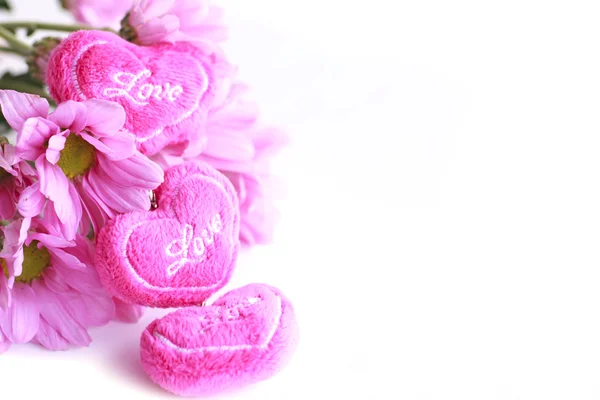 Valentine heart fabric with pink chrysanthemum- Stock Image — Stock Photo, Image