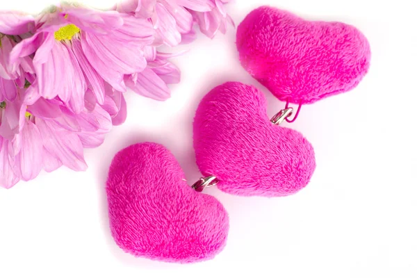 Valentine heart fabric with pink chrysanthemum- Stock Image — Stock Photo, Image