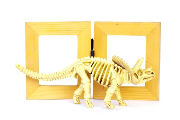 Dinosaurus skelet model op houten frame geïsoleerd op wit - Stock — Stockfoto