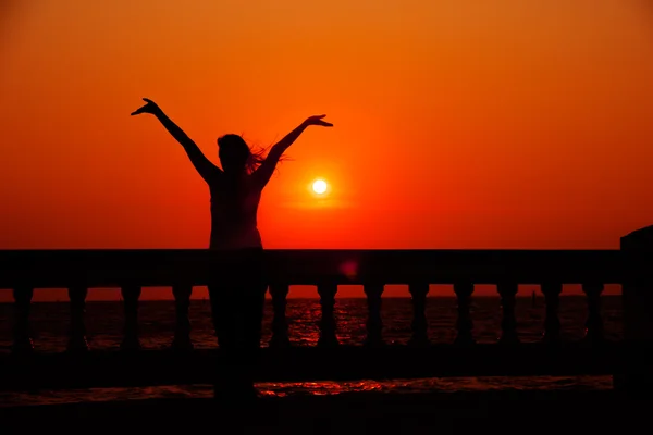 Silhouette de la femme dans la prairie ensoleillée d'été - Image stock — Photo