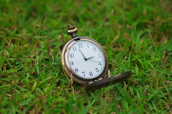 Stockfoto - gamla vintage pocket klockan på gräs — Stockfoto