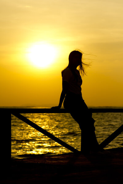 Stock Photo Stock Photo: Profile of a woman silhouette watching sun on the beach at sunset
