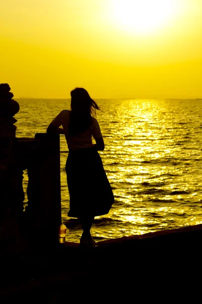 Foto stock Foto stock: Perfil de uma mulher silhueta assistindo sol na praia ao pôr do sol — Fotografia de Stock