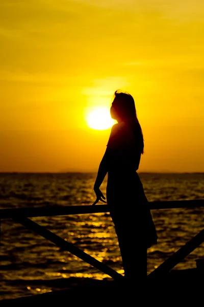 Foto stock Foto stock: Perfil de uma mulher silhueta assistindo sol na praia ao pôr do sol — Fotografia de Stock