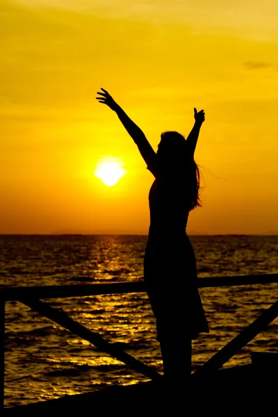 Стокове фото Стокове фото: профіль жіночого силуету, який дивиться сонце на пляжі під час заходу сонця — стокове фото