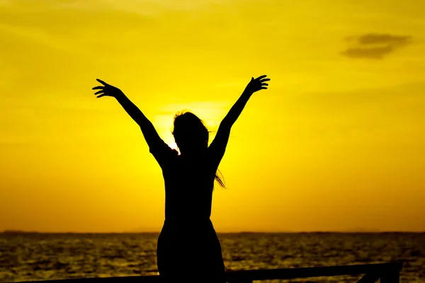 Foto stock Foto stock: Perfil de uma mulher silhueta assistindo sol na praia ao pôr do sol — Fotografia de Stock