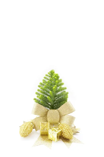Stock Photo Golden Christmas corner border with baubles and branches — Stock Photo, Image